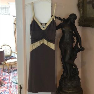 G COUTURE BROWN DRESS WITH GOLD FAUX LEATHER TRIM